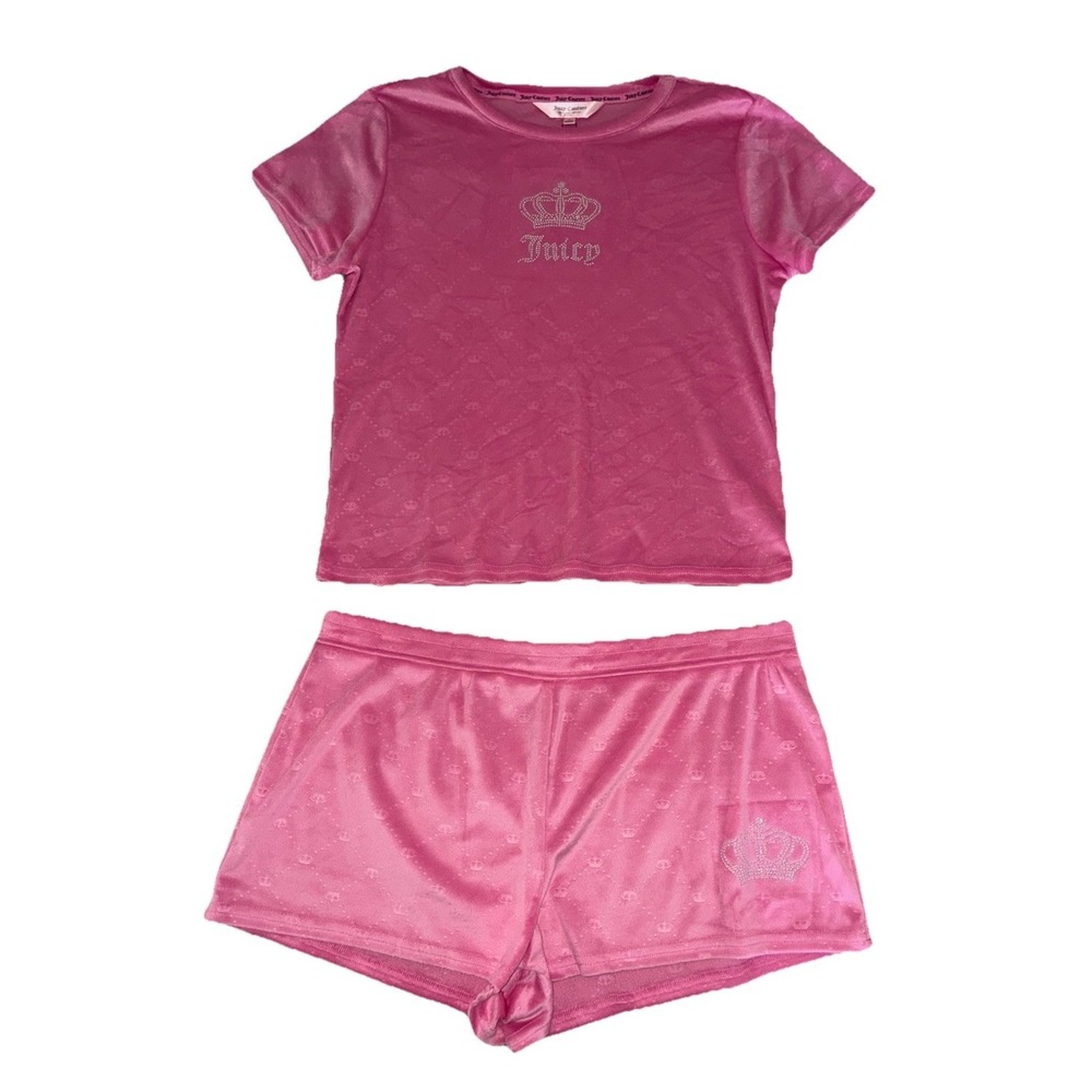 Juicy Couture Lounge Set Women's L Pink Velour Rhinestones Baby Tee Shorts NEW